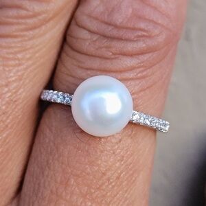 Pearl and Silver Ring with CZ Accents